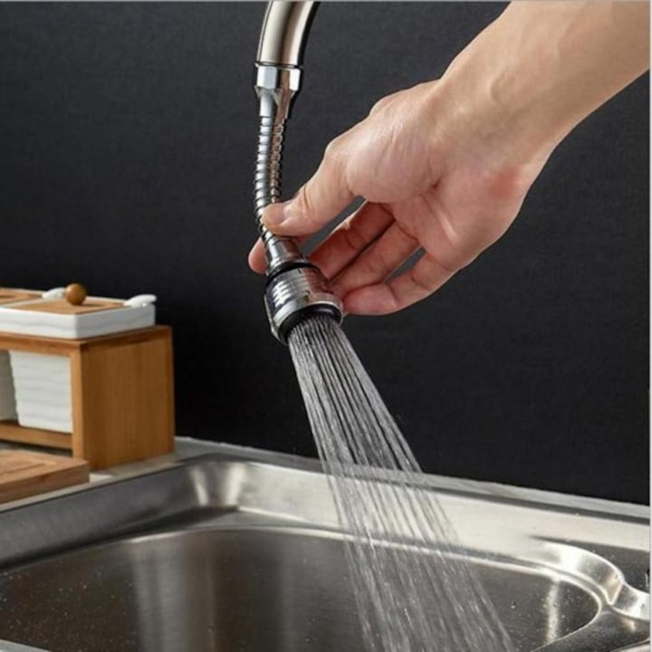 Extensie robinet, pentru bateria de chiuveta, rotatie 360 grade, plastic, 2 moduri de functionare, lungime 17 cm, argintiu [7]