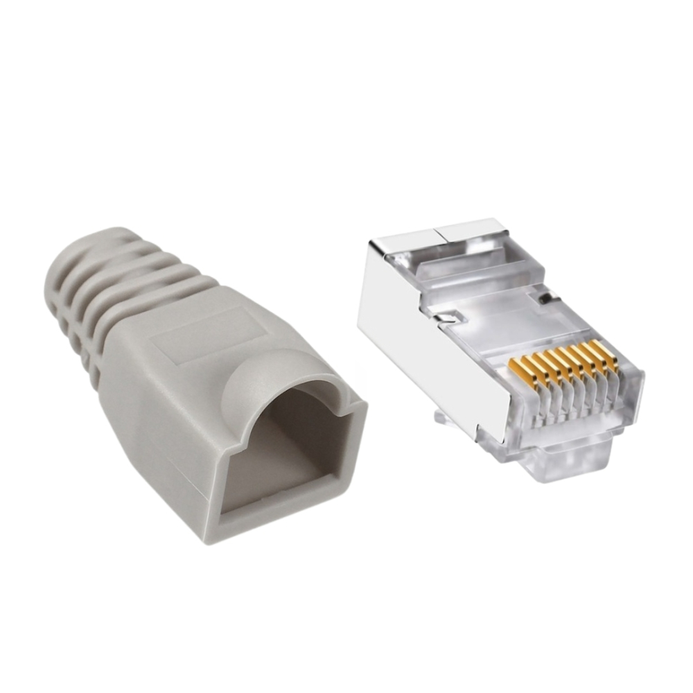 Set 100 x mufa ecranata + manson de protectie, RJ45, CAT5 CAT6, 8 pini 8P8C, gri
