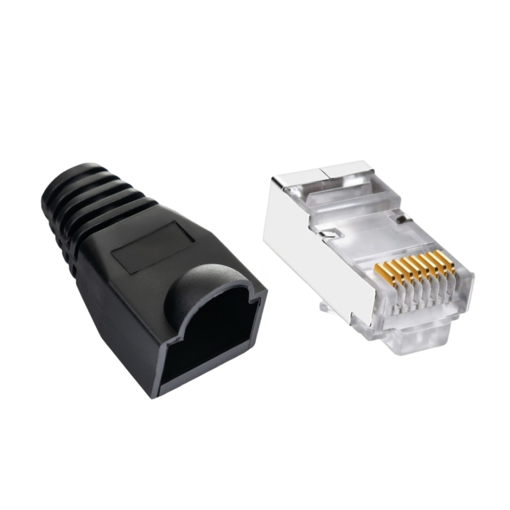 Set 50 x mufa ecranata + manson de protectie, RJ45, CAT5 CAT6, 8 pini 8P8C, negru