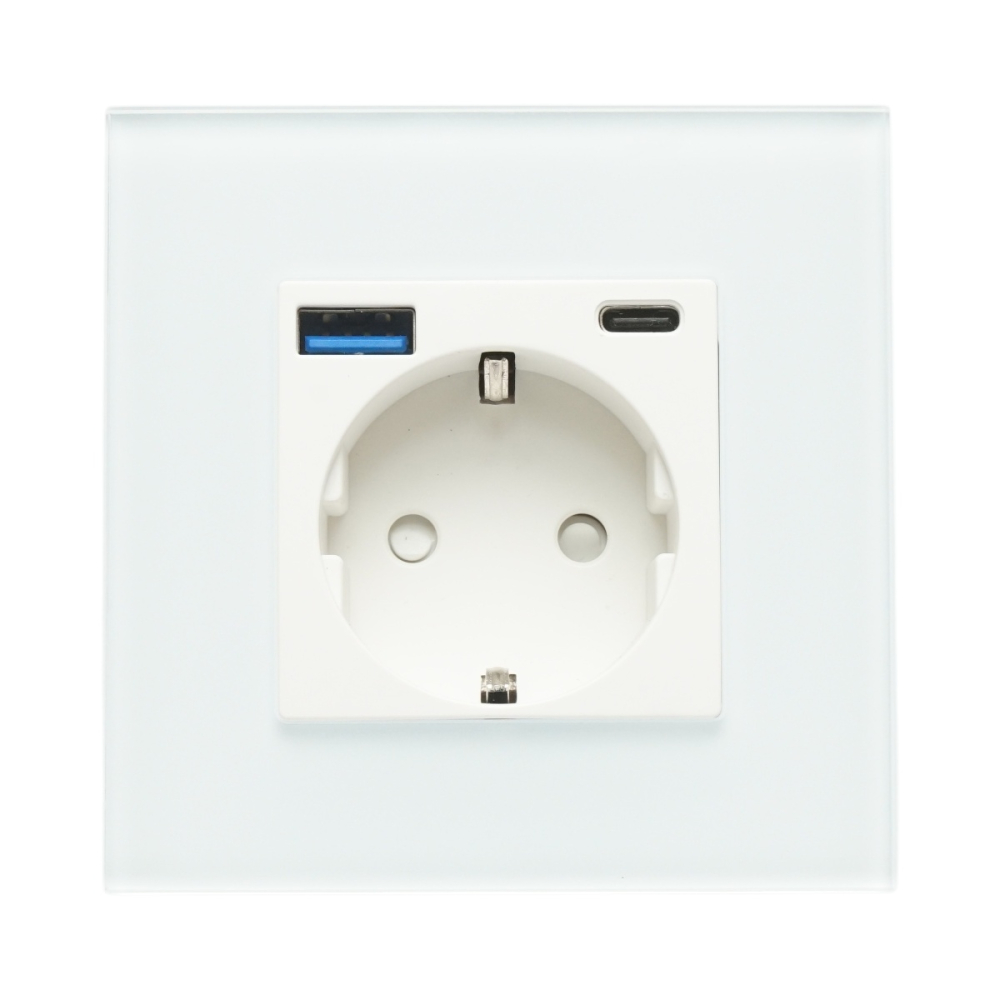 Priza Schuko, USB A si USB C, 220V, 16A, rama sticla, incarcare rapida 20 W, 8.6 x 8.6 x 3.4 cm, alb [5]