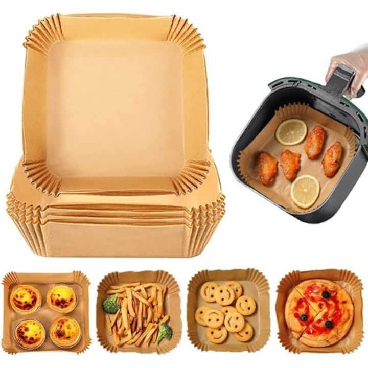 Set 100 hartii de copt pentru air fryer, cuptor, antiaderente, rezistenta pana la 220°C, patrate, 20 x 20 x 4.5 cm, maro [6]