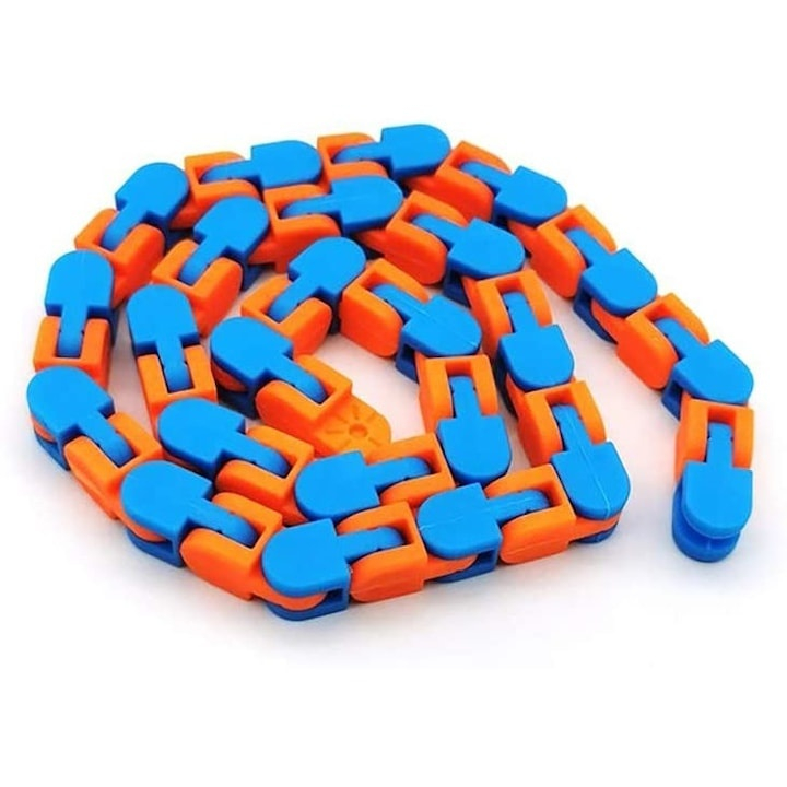 Jucarie senzoriala antistres tip sarpe cu 24 piese, fidget flexibil pentru copii si adulti, dezvoltare dexteritate si coordonare, 28 cm, albastru/portocaliu [3]