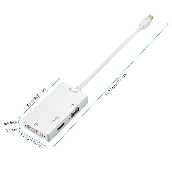 Adaptor hub 3 in 1, MiniDisplayPort la /DVI/VGA/HDMI, pentru TV, laptop, proiector, 27 cm, alb [6]