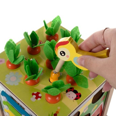 Cub educativ pentru copii, 6 in 1, diverse activitati, lemn, 16 x 15.5 x 15.5 cm, multicolor [3]