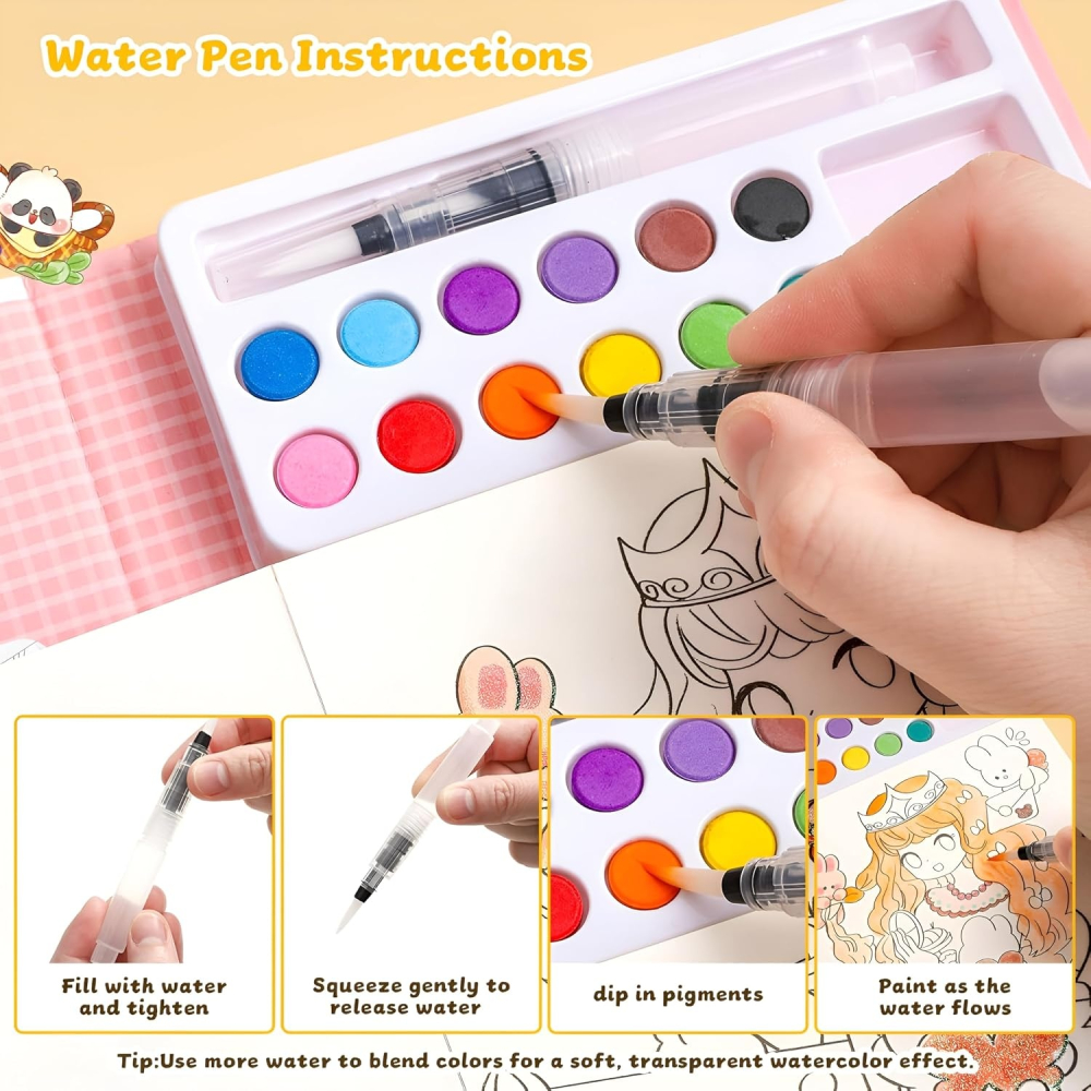 Carte de colorat cu acuarele pentru copii, model printesa, 12 culori, pensula cu apa, 20 foi carton, 15.7 x 18.8 x 1.8 cm, roz [5]
