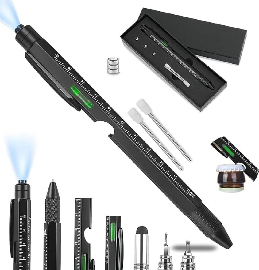 Pix multifunctional, 9 in 1, rigla, surubelnita, suport telefon, LED, negru