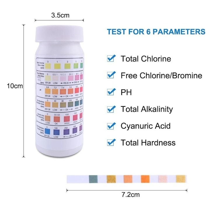 Set de 50 de benzi pentru testarea apei, efectueaza 6 teste simultan, duritate, acid cianuric, alcalinitate, PH, clor liber, clor total [4]