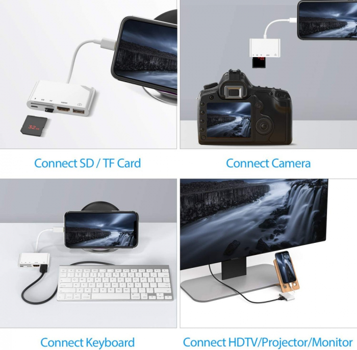 Adaptor multifunctional 5 in 1, cititor de carduri, compatibil iphone, USB, HDMI - Alb [3]