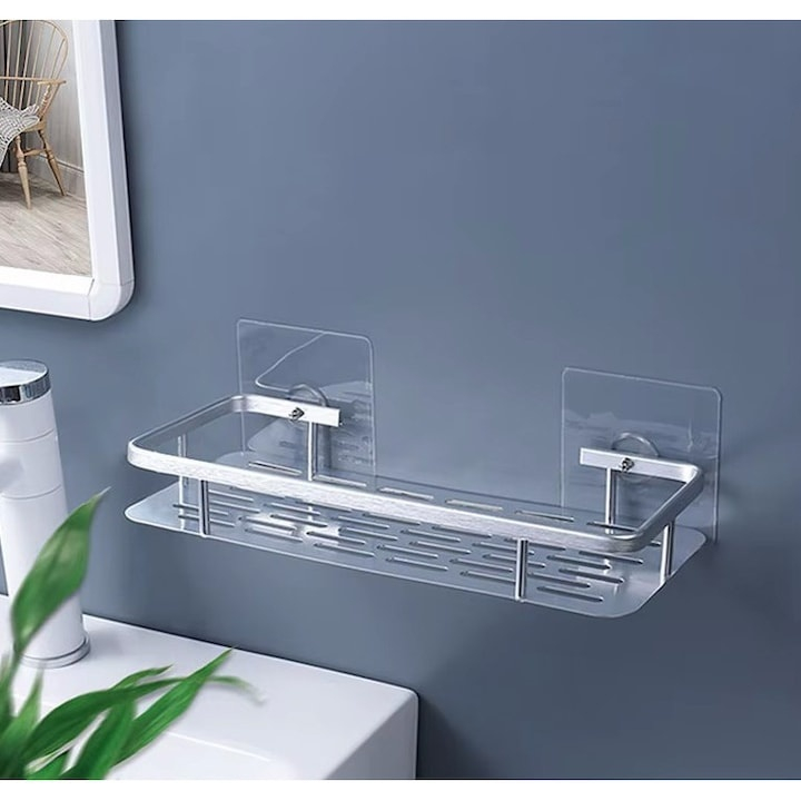 Set 2 rafturi autoadezive, pentru baie si bucatarie, design minimalist, otel inoxidabil, 30.5 x 13 x 5.5 cm, argintiu [2]