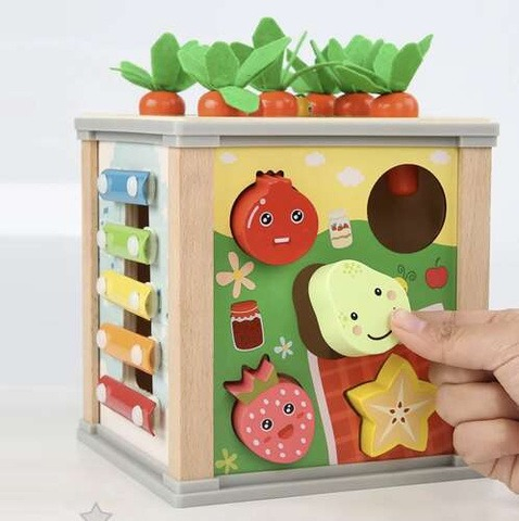 Cub educativ pentru copii, 6 in 1, diverse activitati, lemn, 16 x 15.5 x 15.5 cm, multicolor [6]