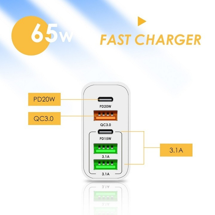 Incarcator cu 5 porturi, 2 x Type-C, 3 x USB, incarcare rapida, 65 W, universal, alb [3]
