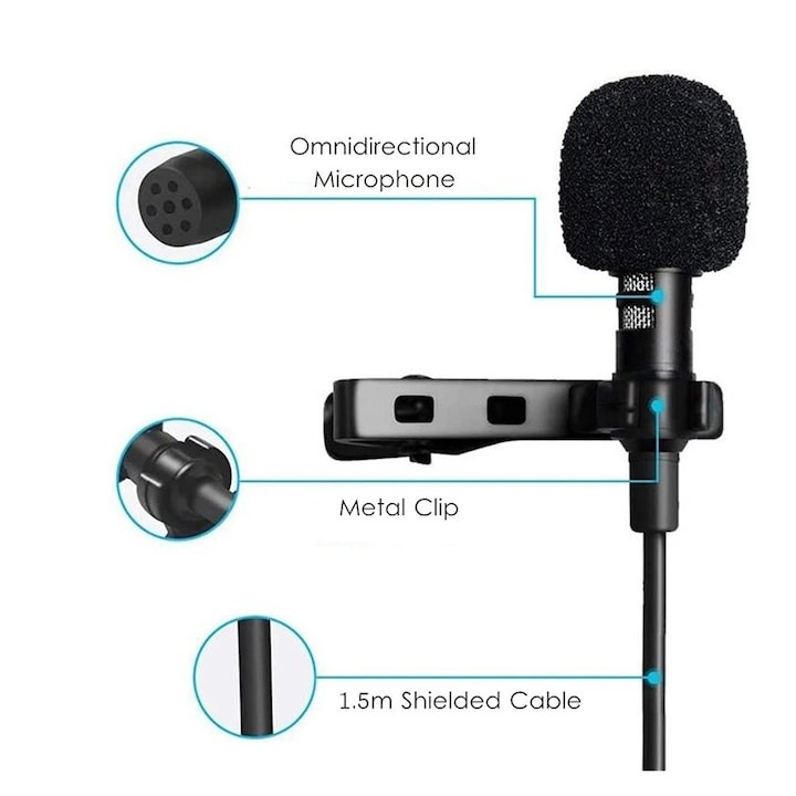 Microfon tip lavaliera, cu fir, Type-C - Jack 3.5 mm, lungime cablu 1.5 m, negru [2]
