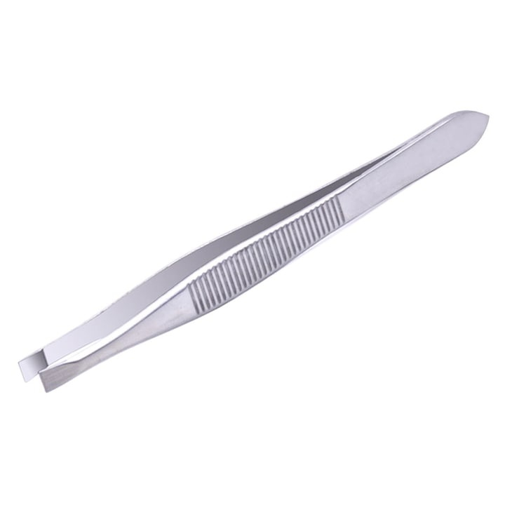 Penseta pentru sprancene, otel inoxidabil, lungime 8.5 cm, varf oblic, argintiu [11]