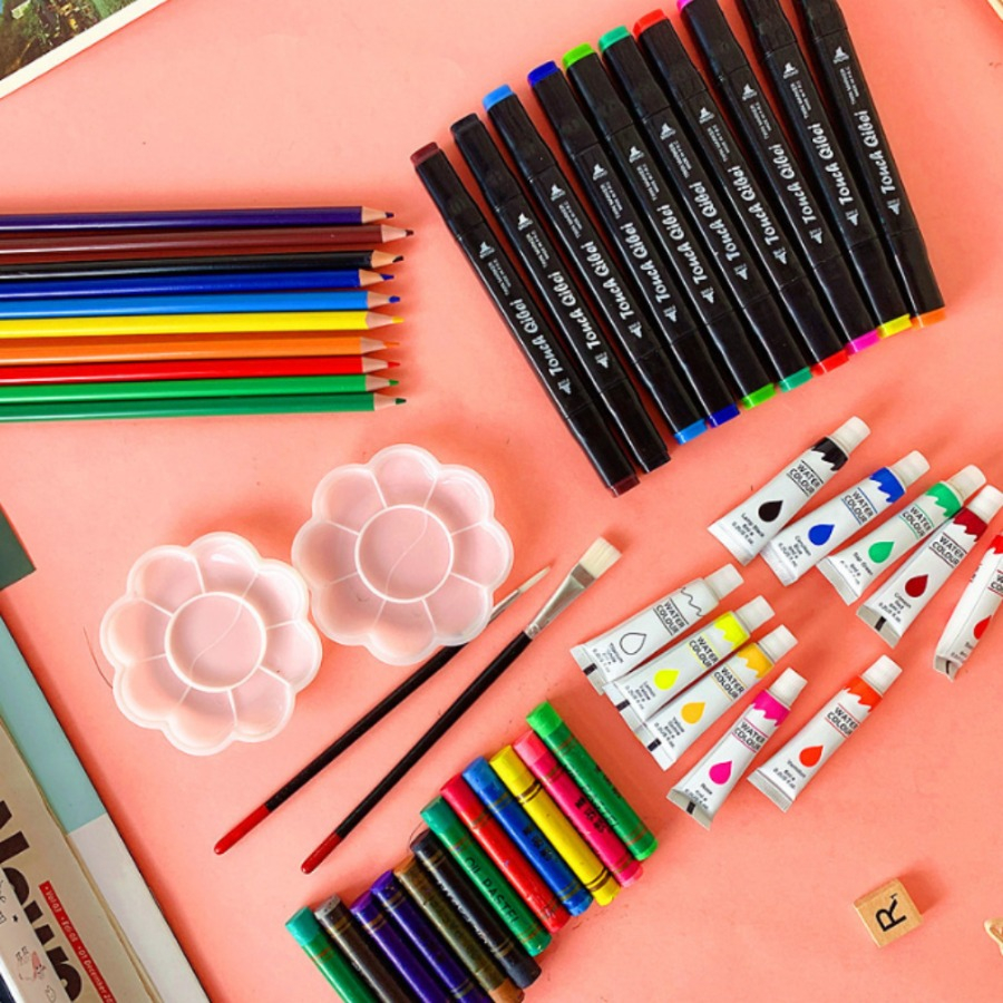 Set de pictura si desen pentru copii, 68 piese, valiza pentru depozitare, carte de colorat, ascutitoare, radiera, markere, pensule, creioane, palete pentru amestecarea culorilor, acuarele, multicolor [2]