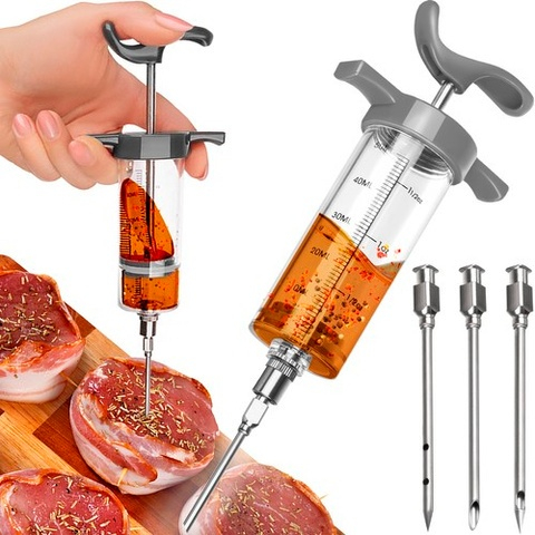 Seringa pentru injectare carne, 3 ace diferite, capacitate 50 ml, reutilizabila, gradata, plastic, otel inoxidabil, 7.7 x 23 x 3.5 cm, gri [15]