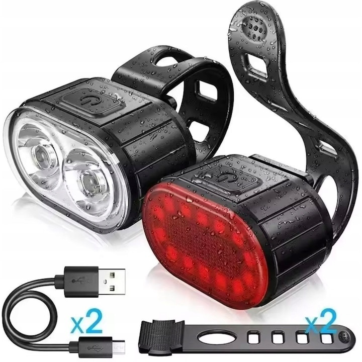 Set 2 lumini LED pentru bicicleta, far si stop, reincarcabile USB, 4 moduri iluminare, protectie IPX4, 4.3 x 2.7 cm [4]