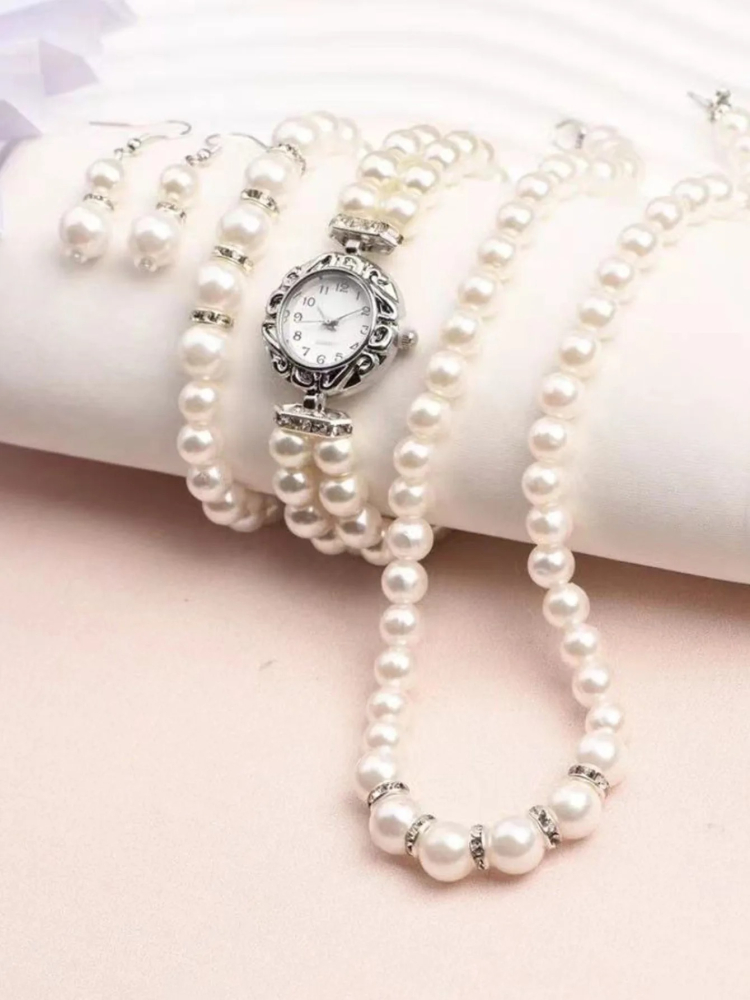 Set bijuterii dama, ceas, cercei, bratara, colier, perle, alb, cutie inclusa [3]