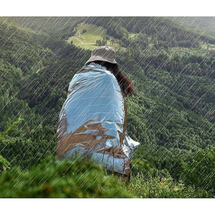 Patura termica, pentru supravietuire, impermeabila, camping, drumetii, 160 x 210 cm, argintiu [12]