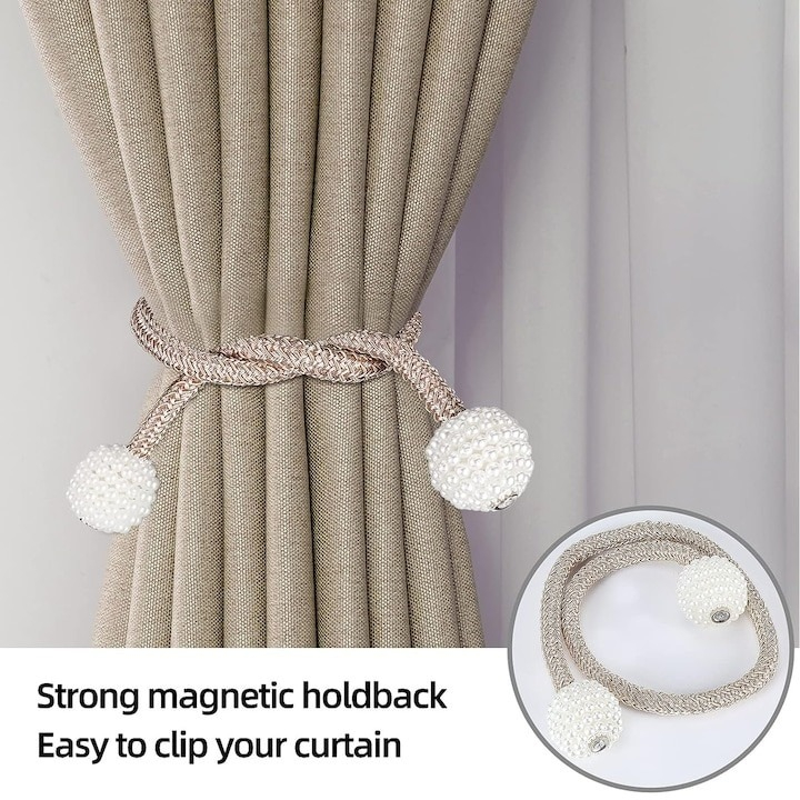 Magnet decorativ pentru perdele si draperii, catarama cu perle si curea cu textura tesuta, poliester, 48 cm, bej [4]