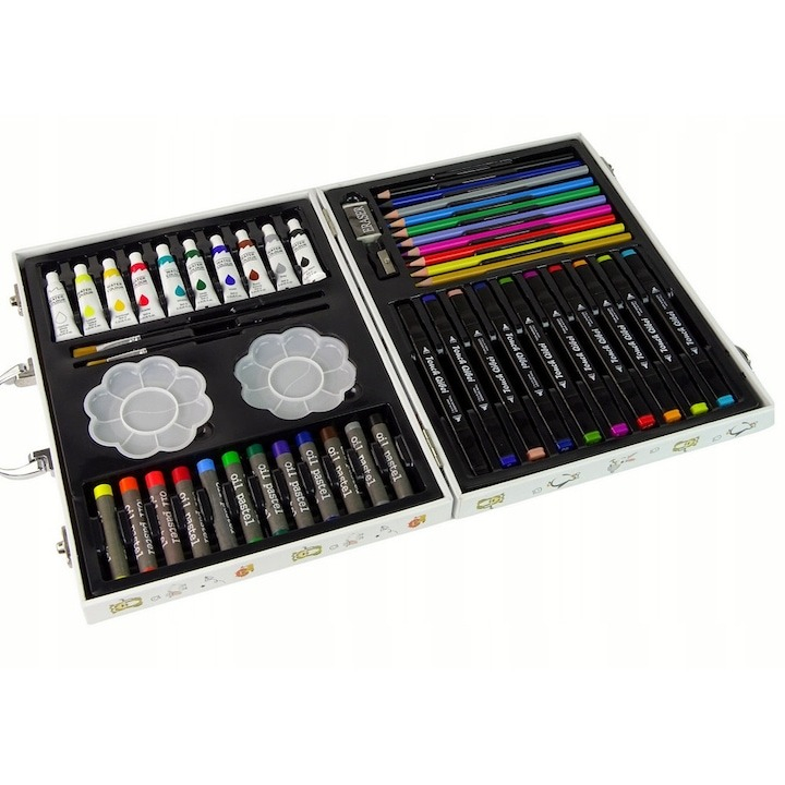 Set de pictura si desen pentru copii, 68 piese, valiza pentru depozitare, carte de colorat, ascutitoare, radiera, markere, pensule, creioane, palete pentru amestecarea culorilor, acuarele, multicolor [12]