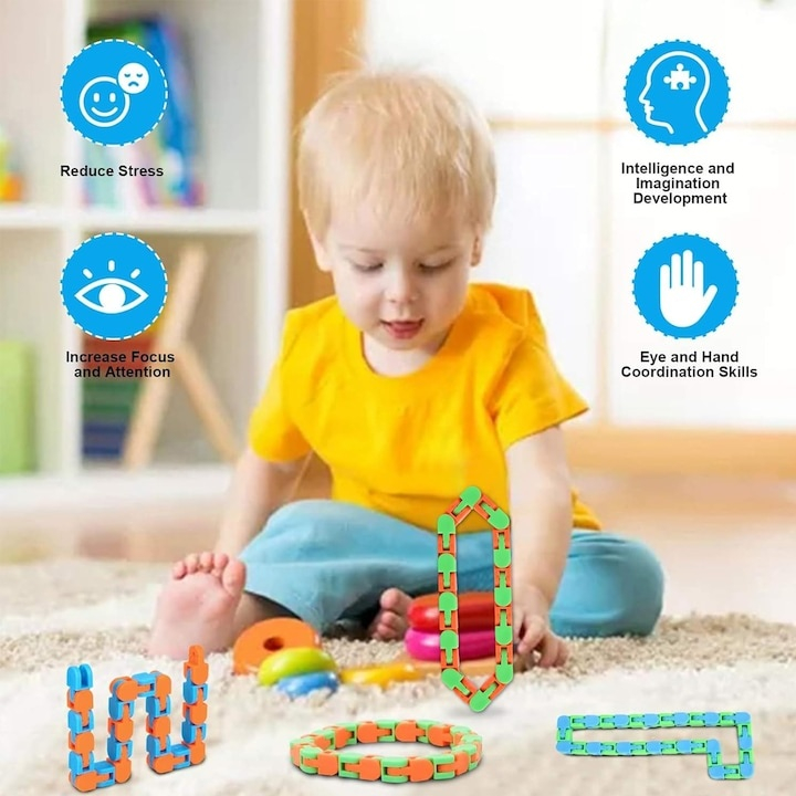 Jucarie senzoriala antistres tip sarpe cu 24 piese, fidget flexibil pentru copii si adulti, dezvoltare dexteritate si coordonare, 28 cm, albastru/portocaliu [5]