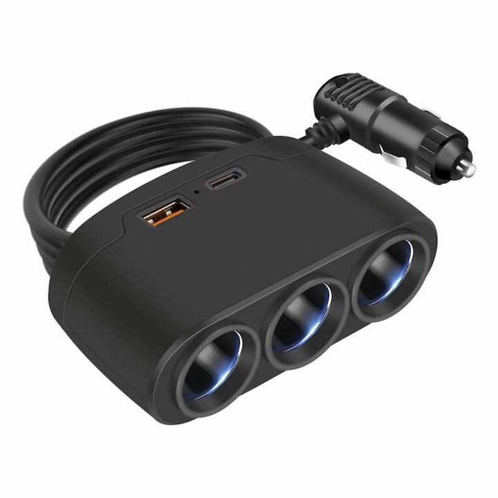 Multiplicator bricheta auto, 3 iesiri, 1 x USB, 1 x USB-C, 120 W, 12 - 24V, negru [5]