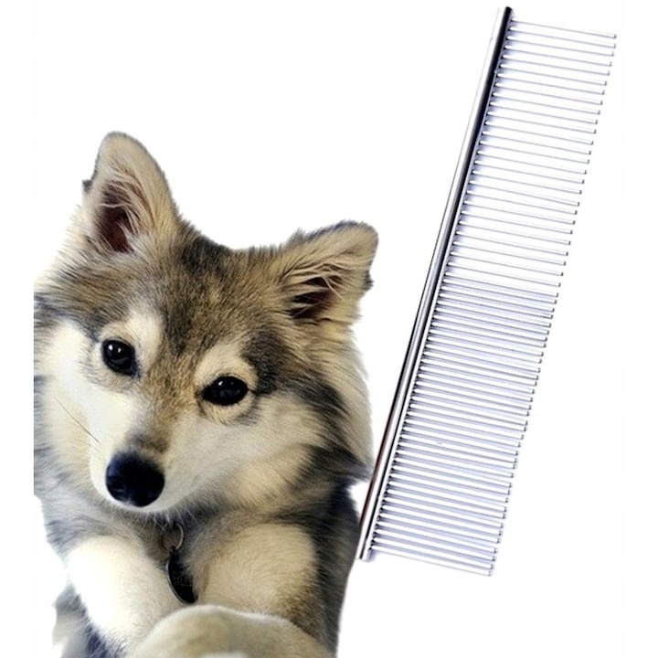 Pieptene pentru caini si pisici, ingrijirea blanii, otel inoxidabil, 2 tipuri de dinti, varfuri rotunjite, 16.5 x 3 cm, argintiu [6]