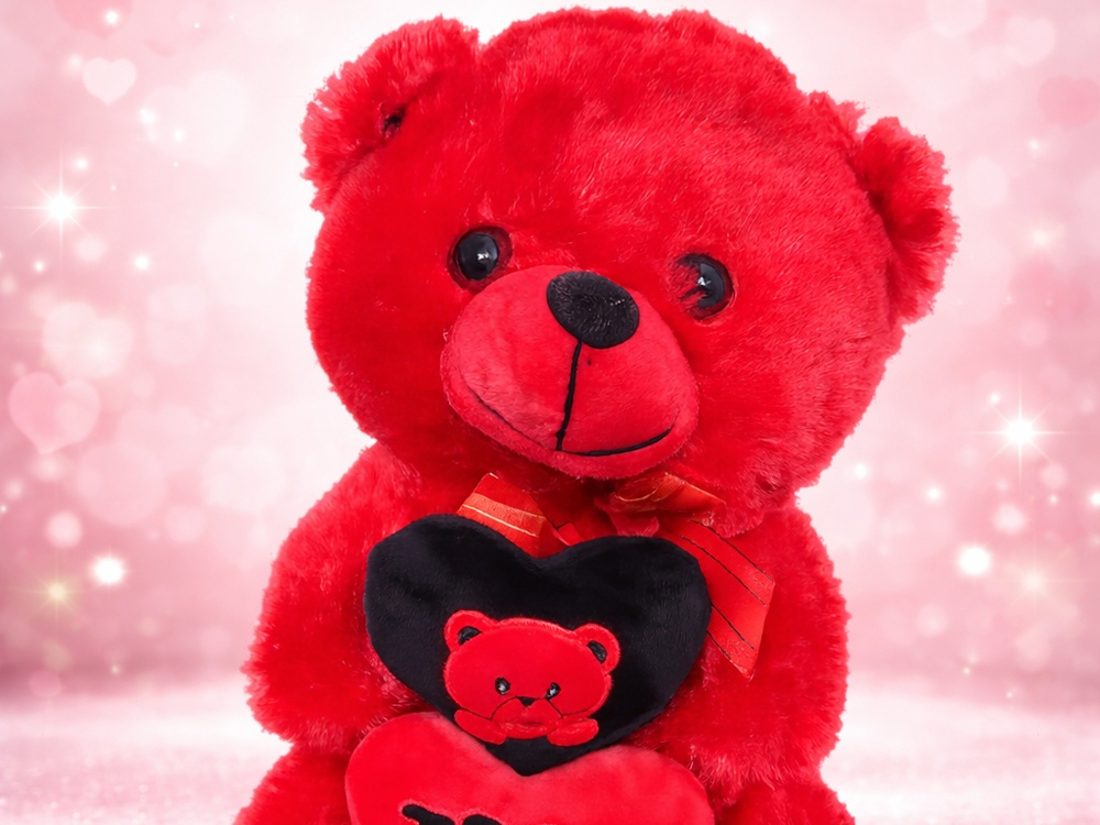 Jucarie de plus, ursulet cu inima, mesaj I Love You, material moale, decorativ, pentru copii, rosu, 30 x 18 cm [9]