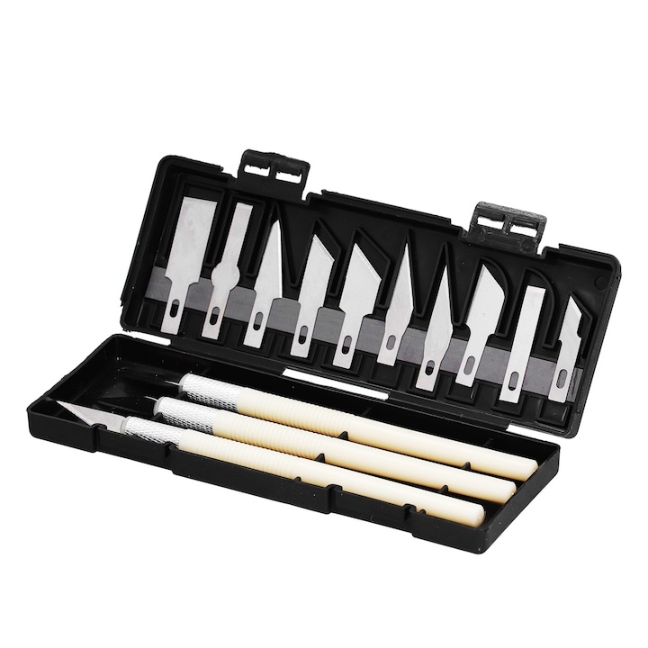 Set 13 cutite pentru modelare, de precizie, lame interschimbabile, plastic/otel inoxidabil, 15.5 cm, cutie depozitare, negru [3]