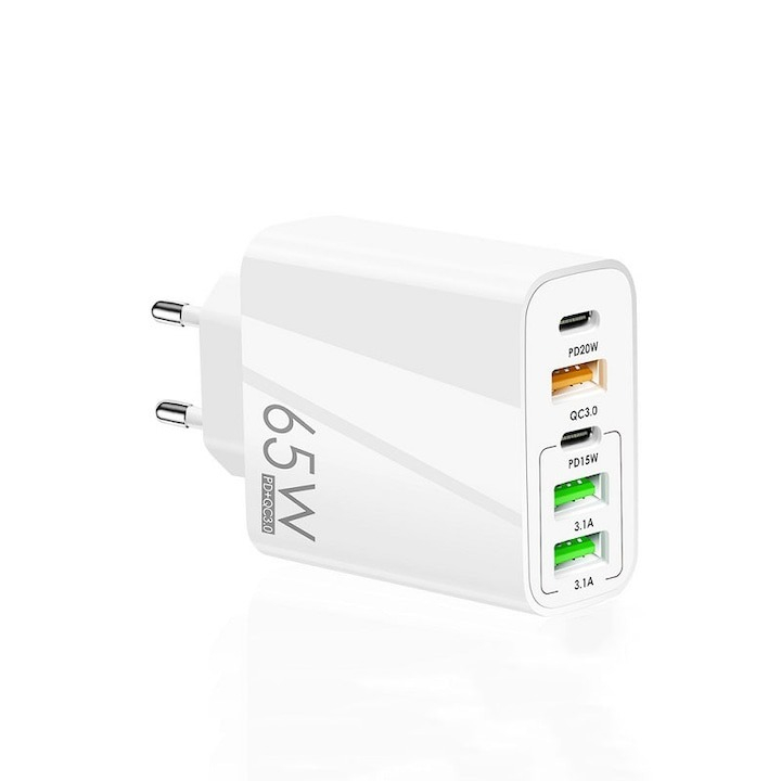 Incarcator cu 5 porturi, 2 x Type-C, 3 x USB, incarcare rapida, 65 W, universal, cablu tip C inclus, alb