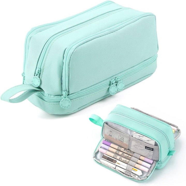 Penar scolar, 4 compartimente, poliester, multifunctional, cu agatatoare, 21 x 9 x 8 cm, verde [13]