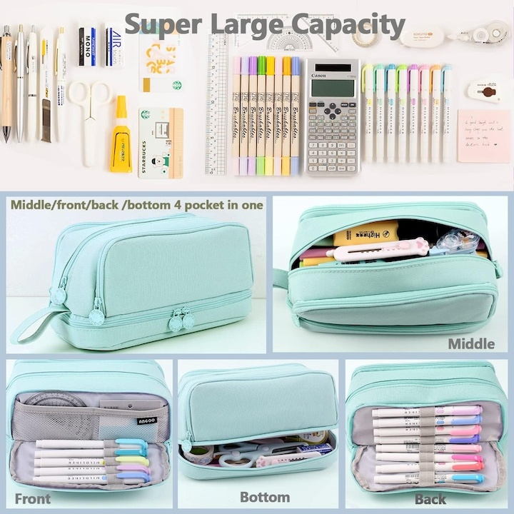 Penar scolar, 4 compartimente, poliester, multifunctional, cu agatatoare, 21 x 9 x 8 cm, verde [12]
