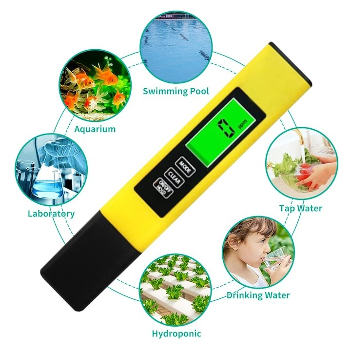 Tester profesional calitate apa 3 in 1, TDS, EC si temperatura, galben [6]