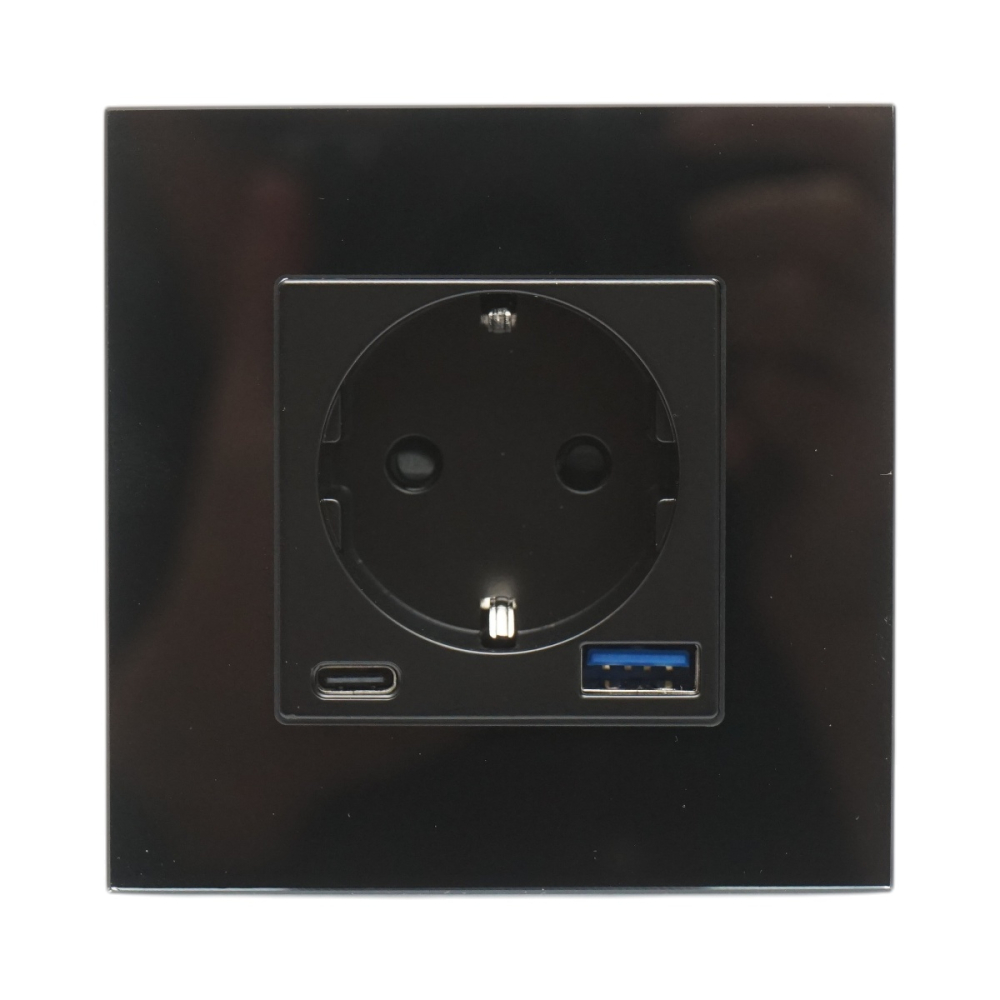 Priza simpla, tip Schuko, cu USB-A si USB-C, incarcare rapida 20 W, rama din sticla, 8.6 x 8.6 x 3.4 cm, negru [2]