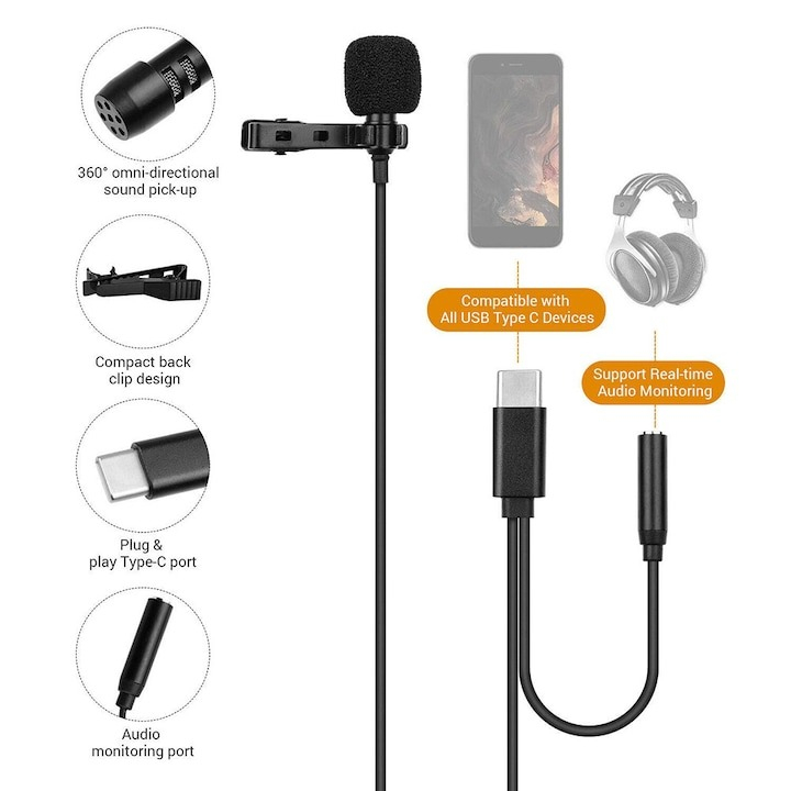Microfon tip lavaliera, cu fir, Type-C - Jack 3.5 mm, lungime cablu 1.5 m, negru [7]