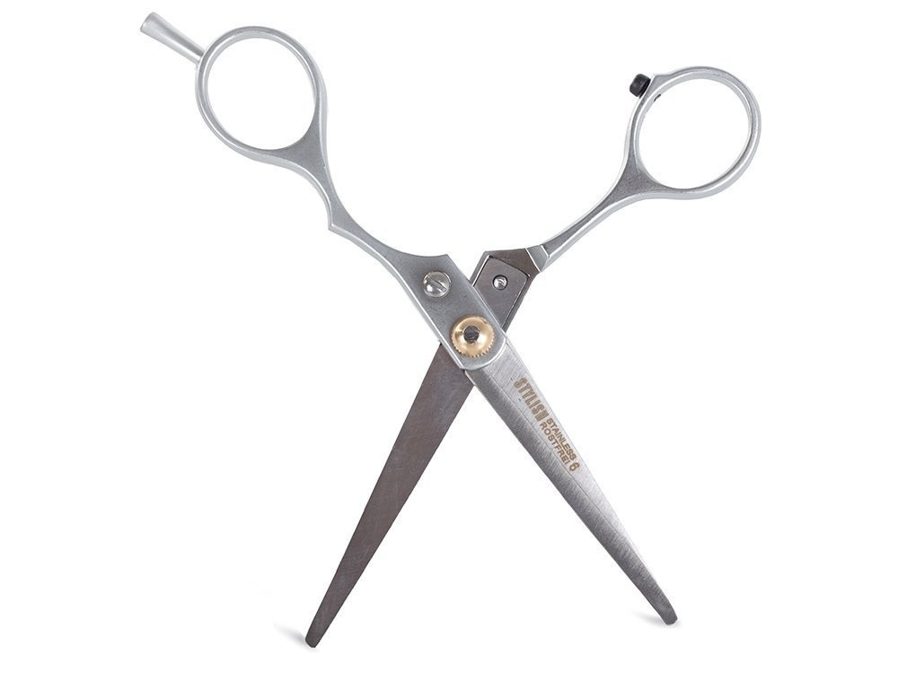 Foarfeca de tuns pentru coafura si frizerie, otel inoxidabil, 15 cm, design ergonomic, surub reglabil, lame 5.6 cm, ideala pentru incepatori, argintiu cu detalii aurii [13]