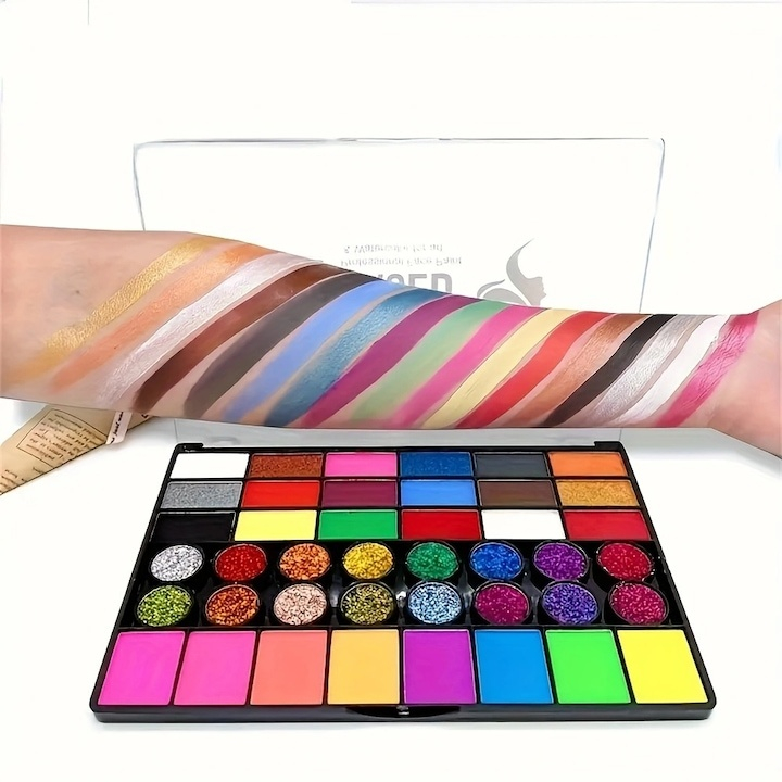 Paleta vopsea pentru fata si corp, 42 culori, fosforescente, non-toxic, activare cu apa, multicolor, 20 x 14 x 1.6 cm [6]
