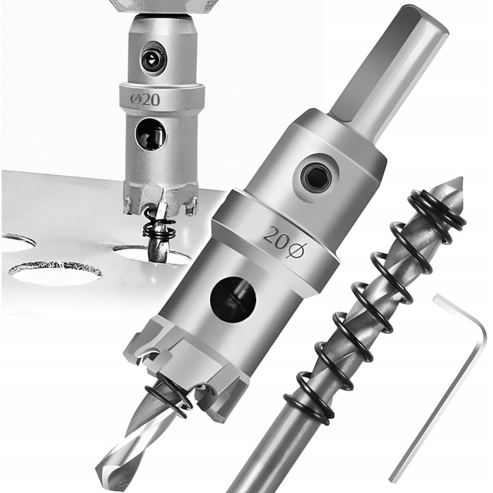 Carota din otel/carbura de tungsten pentru metal si lemn, cu burghiu pentru centrare, diametru 20 mm, lungime 100 mm, argintie [2]