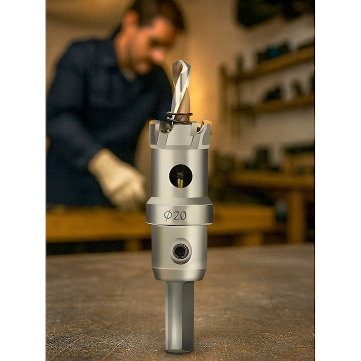 Carota din otel/carbura de tungsten pentru metal si lemn, cu burghiu pentru centrare, diametru 20 mm, lungime 100 mm, argintie [6]