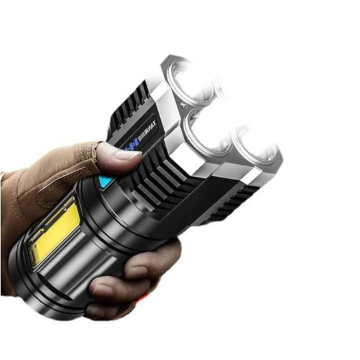 Lanterna portabila, 5 LED-uri, 4 moduri de iluminare, cablu Micro-USB inclus, ABS, baterie 1200 mAh, rezistenta la apa, negru [4]