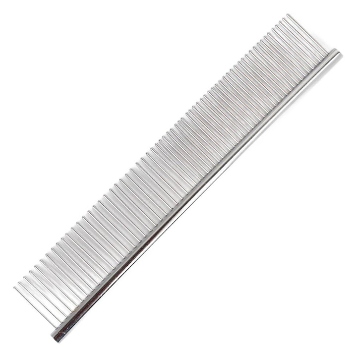 Pieptene pentru caini si pisici, ingrijirea blanii, otel inoxidabil, 2 tipuri de dinti, varfuri rotunjite, 16.5 x 3 cm, argintiu [13]