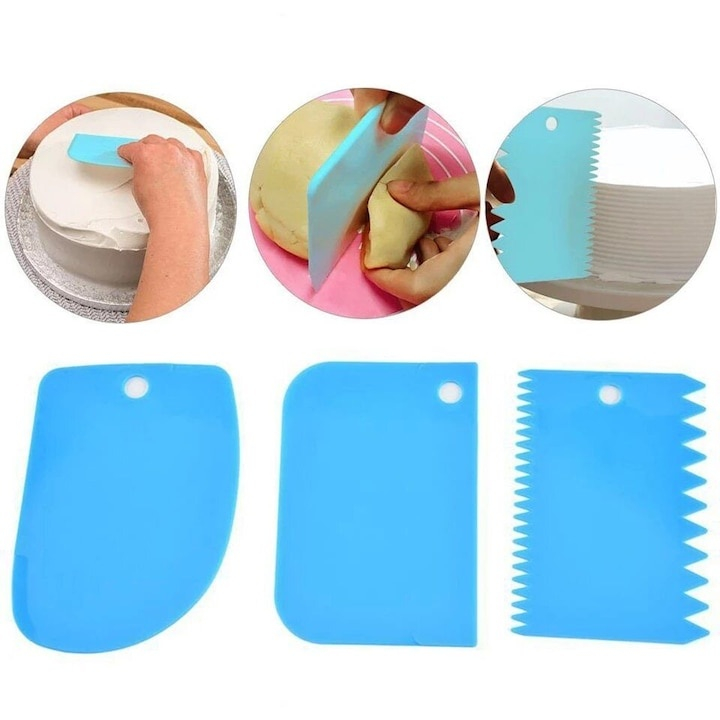 Set 3 spatule pentru decorat si ornat prajituri, torturi, plastic, 12 cm, albastru [7]