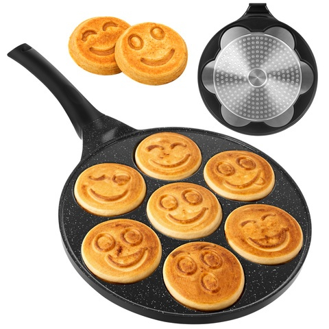 Tigaie pentru clatite, 7 forme cu fete amuzante, aluminiu/otel inoxidabil, diametru forma 6.5 cm, dimensiune tigaie 26 cm, negru [9]