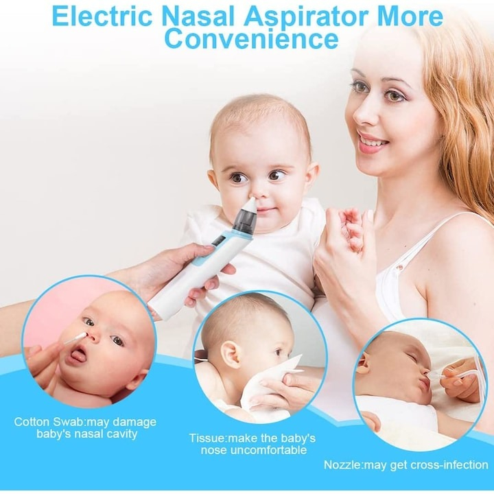 Aspirator nazal pentru bebelusi, electric, 2 capete diferite si 11 filtre, 6 viteze, putere 487 mmHg, albastru [2]