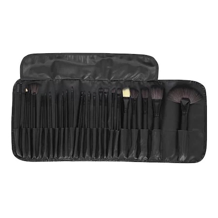 Set 24 pensule de machiaj,make up,manere din lemn,borseta din piele ecologica - Negru [4]