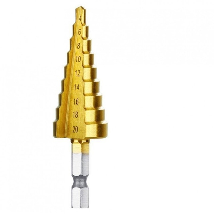 Burghiu conic in trepte, acoperit cu titan, din otel, 4-20 mm [2]
