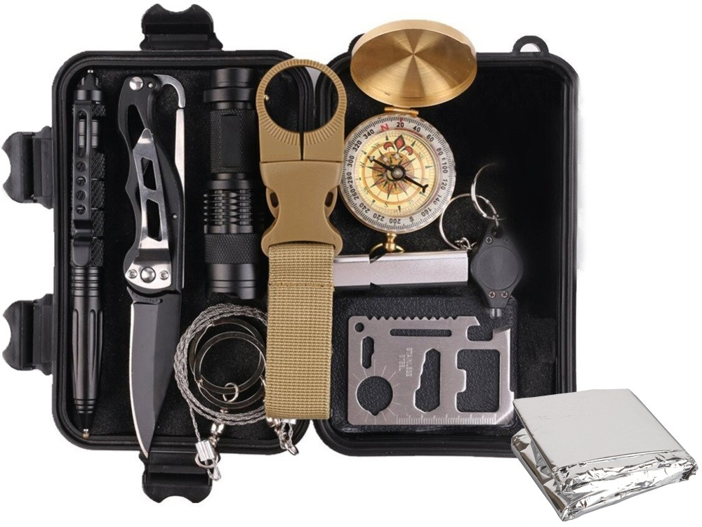 Kit de supravietuire, multifunctional,13 in1, ideal pentru pentru camping, drumetii, 11 x 16.5 x 5 cm, negru [13]