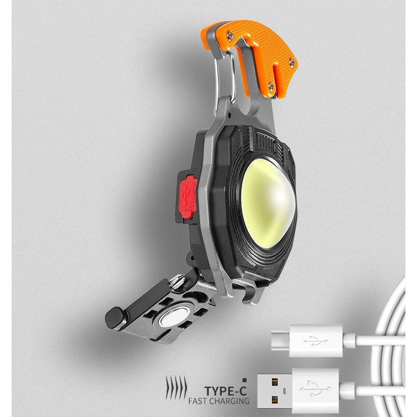 Lanterna multifunctionala, pentru camping, breloc, fluier, bricheta, surubelnita, desfacator sticle, reincarcabila USB-C, aluminiu/ABS, portocaliu [8]