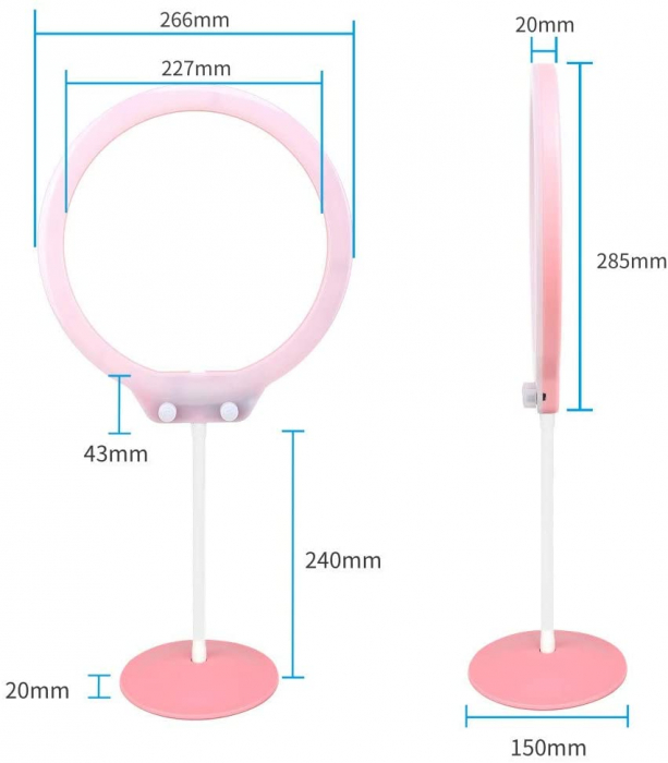 Lampa circulara LED, ZOMEI 26 cm diametru LED,cap rotativ 360 grade si suport telefon 360 grade - Roz [2]