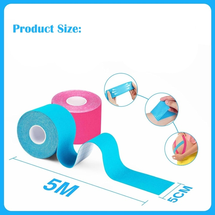 Set 4 benzi kinesiologice, bumbac, impermeabile, sustinere si protectie, ameliorarea durerii, pentru sportivi, elastice, respirabile, 5 m x 5 cm, multicolor [2]